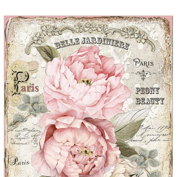 ENCHANTED COTTAGE PEONY Garden Large Image Instant Download French Shabby Chic Transfer Fabric Lace Pillow Transfer Journal Cover png pdf