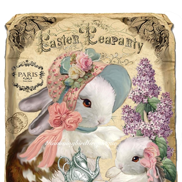 Vintage Shabby TEAPARTY EASTER BUNNY Imagen grande Descarga digital instantánea Imprimible Transferencia gráfica Decoupage Conejo de Pascua Bebé 900waNo32