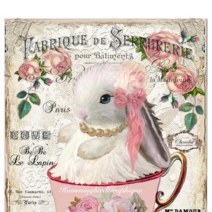 BABY EASTER BUNNY In Teacup Large Image Instant Download French Shabby Chic Roses Transfer Fabric Pillow Journal png pdf jpg