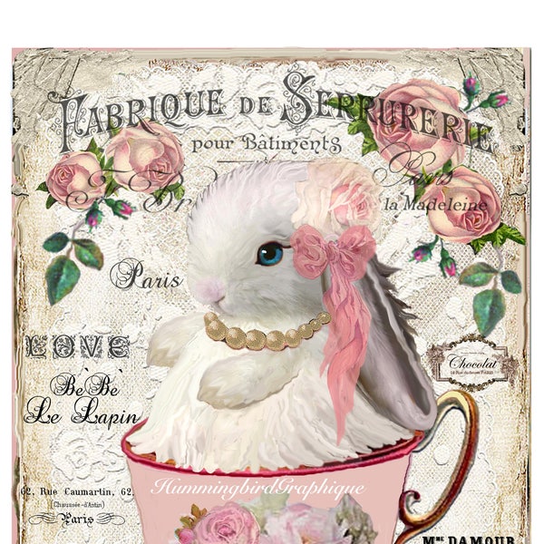 BABY EASTER BUNNY In Teacup Large Image Instant Download French Shabby Chic Roses Transfer Fabric Pillow Journal png pdf jpg