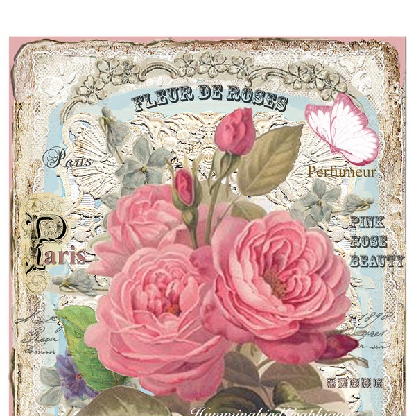 ENCHANTED COTTAGE ROSE Garden Large Image Instant Download French Shabby Chic Transfer Fabric Pillow Transfer Journal Cover png pdf jpg