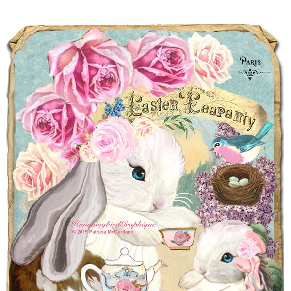 EASTER TEAPARTY Bunny Rabbit Clipart Large Image Instant Printable Download Sublimation PNG Heat Transfer Shabby Watercolor Fabric Pillow