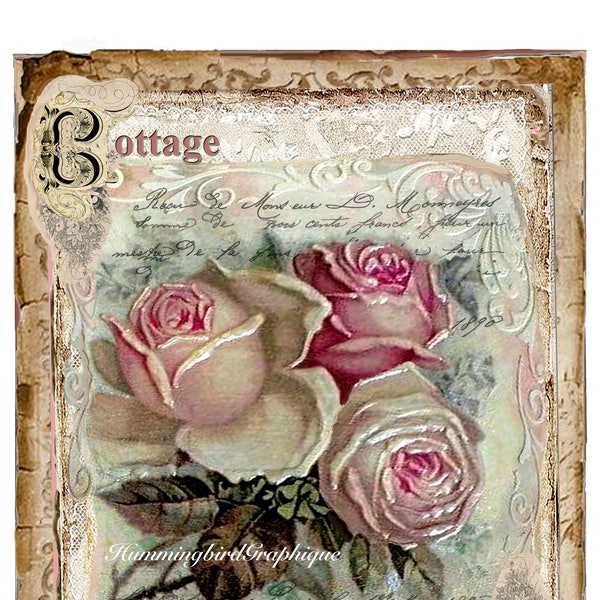 COTTAGE ROSE GARDEN Large Image Instant Download French Shabby Chic Vintage Transfer Fabric Roses Pillow Transfer Journal Kit png pdf jpg