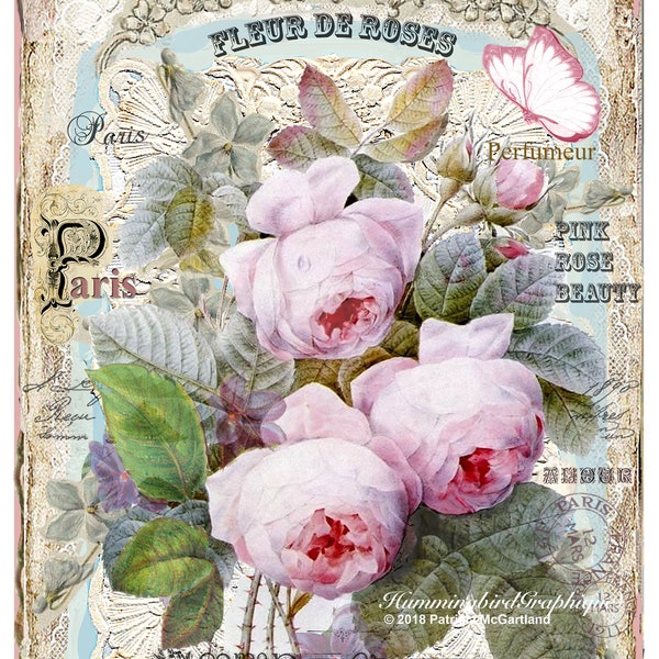 Enchanted COTTAGE PINK ROSE Garden Large Image Instant Download French Shabby Chic Transfer Fabric Pillow Transfer Journal Cover png pdf jpg