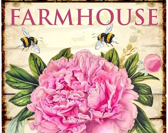 FARMHOUSE PEONY BEES Sign Large Image Instant Digital Download Fabric Sublimation png Transfer Burlap Sign Shabby Chic journal Pillow