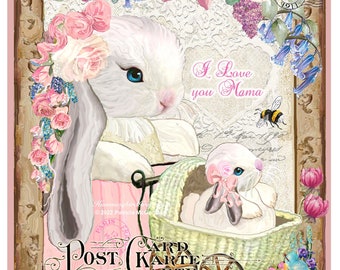 VALENTINE Shabby COTTAGE Bunny Ma Ma Large Image Instant Printable Download Sublimation png Transfer Fabric Pillow personalized