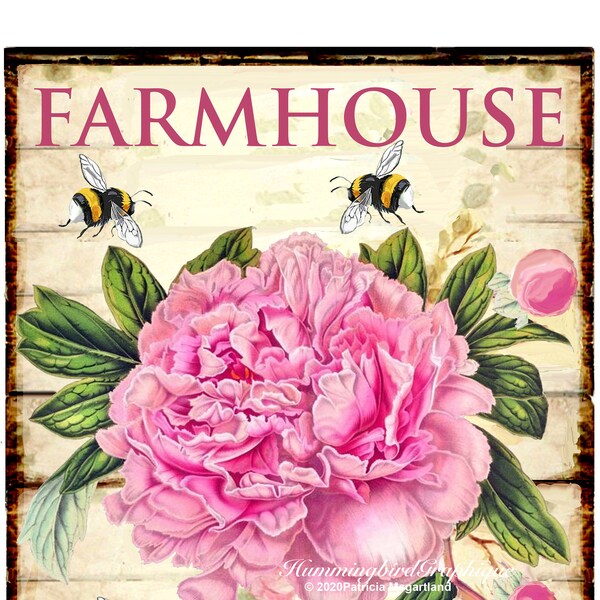 FARMHOUSE PEONY BEES Sign Large Image Instant Digital Download Fabric Sublimation png Transfer Burlap Sign Shabby Chic journal Pillow