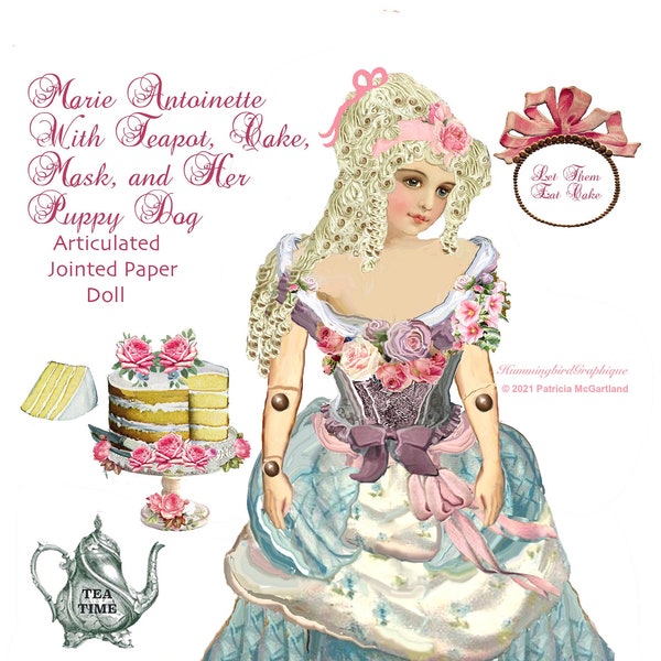 MARIE ANTOINETTE PUPPY Articulated Paper Doll Jointed Posable And Accessories Large Image Printable Digital Download Stickers Mug Journal