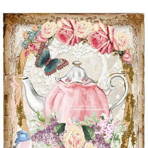 VICTORIAN TEAPOT TEA Time Large Image Download Printable Transfer Shabby Chic Sublimation png Heat Transfer Fabric Pillow Journal Cover