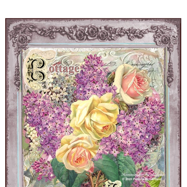 COTTAGE LILAC GARDEN Large Image Instant Download French Shabby Chic Vintage Transfer Sign Fabric RoseWood Frame Transfer Journal Kit png