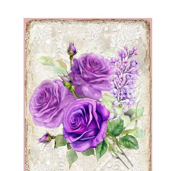 ENCHANTED COTTAGE LAVENDER Rose Large Image Instant Download French Shabby Chic Transfer Fabric Lace Pillow Transfer Journal Cover png
