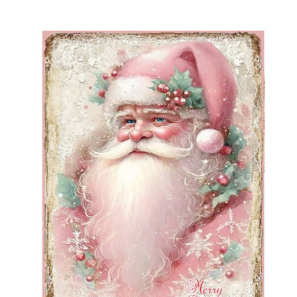 ENCHANTED PINK SANTA Lace Sign Large Image Instant Download French Shabby Rice Paper Transfer Fabric Lace Pillow Transfer Journal Cover png