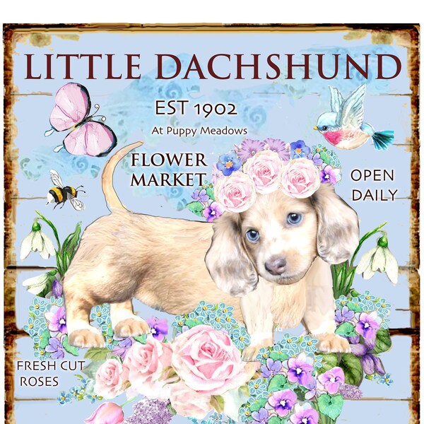 Farmers Market LITTLE DACHSHUND ROSES Sign Large Image Instant Printable Download Sublimation png Heat Transfer Fabric Pillow Journal Cover