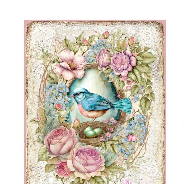 BLUEBIRD NEST ROSE Garden Lace Sign Large Image Instant Digital Download Sublimation png Shabby Journal cover Fabric Transfer Decoupage Mug