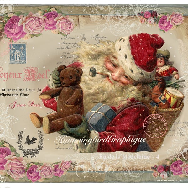 VINTAGE SANTA Teddy Bear French Victorian Shabby Chic Large Image Instant Printable Transfer Download Fabric Transfer Tea Towel