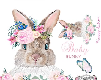 BABY EASTER BUNNY Rose Garden Large Image Instant Download Printable Transfer Sublimation png Watercolor Fabric Pillow Journal Cover