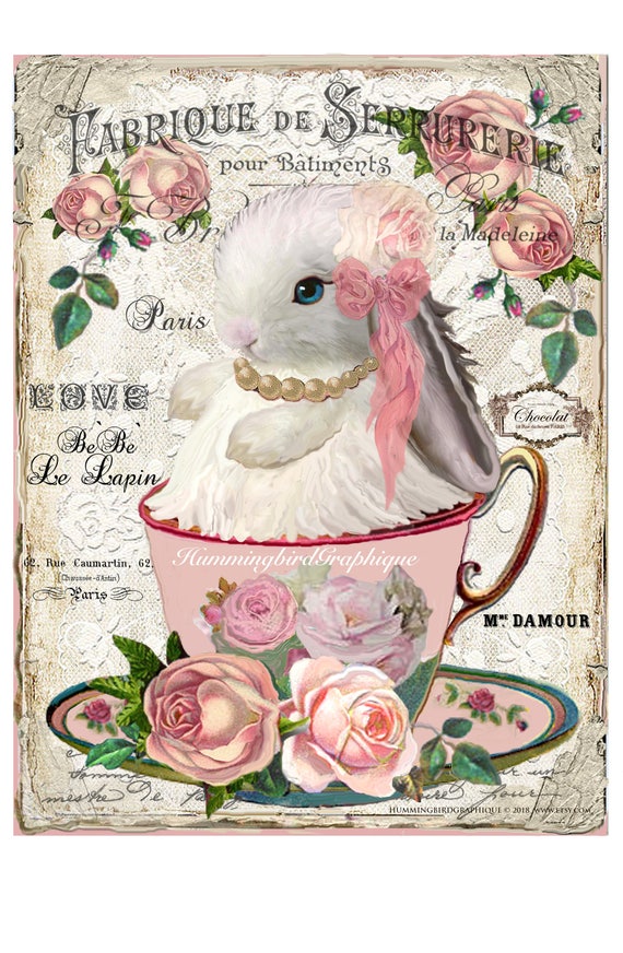 Baby Easter Bunny In Teacup Large Image Instant Download Etsy