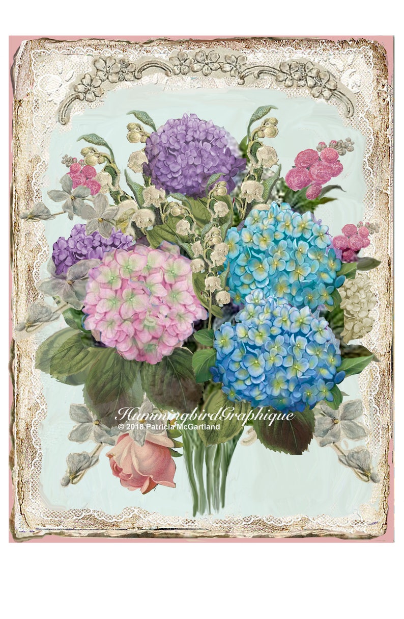 ENCHANTED COTTAGE HYDRANGEA Garden Large Image Download French Shabby Chic Transfer Fabric Lace Pillow Transfer Journal Cover png pdf jpg image 4