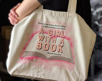 A Girl With a Book Feminist Tote Bag, Organic Cotton Literary Art, USA Made