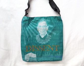 Tote Bag for Ruth Bader Ginsburg "DISSENT" with adjustable strap and inside zippered pouch and two pockets, two-sided design