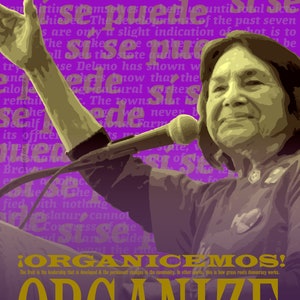 May include: A purple and yellow poster with a woman speaking into a microphone. The poster says "¡ORGANICEMOS! ORGANIZE" and "The Female Power Project".