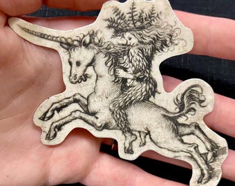 Sticker cavalier licorne vinyle imperméable, illustration vintage fantastique, sticker pour ordinateur portable et bouteille d'eau sorcière Cottagecore