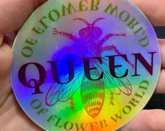 Sticker abeille Reine du monde des fleurs, rond, holographique, pour bouteille d'eau et ordinateur portable, 3,5 pouces