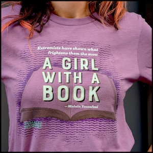 T-shirt, "Girl With A Book", three color options, ethically sourced, organic shirt, unisex, ladies, toddler & youth sizes