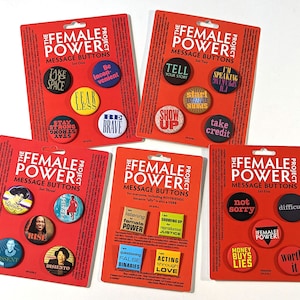 Button packs, 5 sets, and a set of five: feminist messages on multiple pin-back buttons on information card