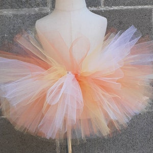 May include: A multi-layered tulle tutu skirt in shades of peach, white, and yellow. The skirt is gathered and full, creating a fluffy and whimsical look.