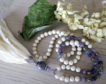 OOAK Bohemian Tassel necklace, Off white sari silk tassel, Boho chic, Matte Semi precious beads, Aged seeds beads, Handknotted, Blue Purple.