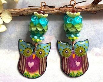 Long Owl earrings, Enamels by Cathleen Zaring, Artisan Lampwork beads, Luxe Chic, Bohemian, Handmade, Shabby, Hippie, Gift, Artisan, Animal