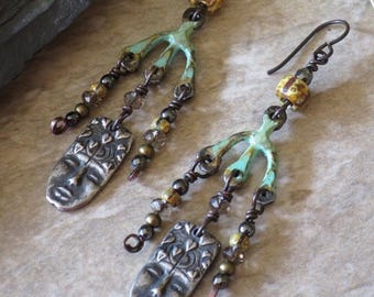 Rustic artisan pewter earrings, Cool Boho vibe, Inviciti charms, Tribal chic, Bohemian dangle and drop, Handmade with care.