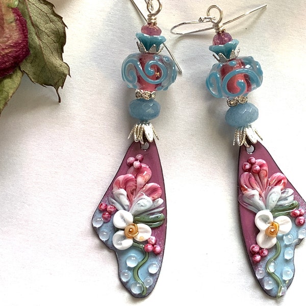 Pink and Blue Enamel Lampwork Flowers earrings, Wings, Dangle and Drop, Boho chic, Sterling hooks, Gypsy, Bohemian, Rhinestones, Hippie,OOAK