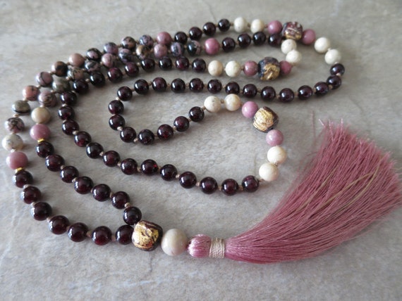Inspirational gift for woman Loving What Is Gemstone Mala Rose Quartz Rhodonite Mala /& Garnet Long tassel necklace Bohemian 108 Mala
