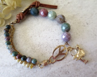 Bohemian three strands bracelet, Indian Agate earthy color, Peace genuine bronze link, Wrap bracelet with bronze bird, Hand knotted.