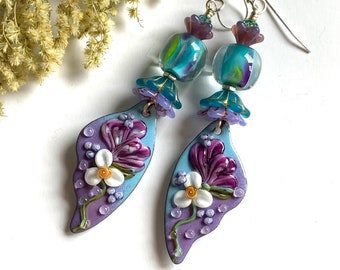 Pendientes de flores de lampwork con esmalte bohemio, colgantes, estilo bohemio chic, ganchos de plata de ley, gitanos, hipoalergénicos, largos, regalo, alas, lampwork