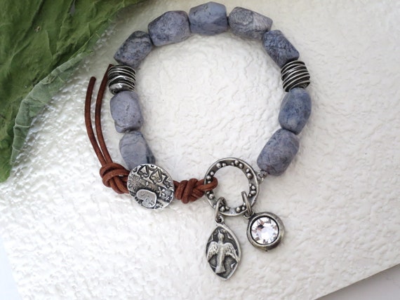 Rare Sodalite bracelet, Layering, Stacking, Pewter charms, Genuine crystal, Bohemian, Gypsy, Shabby chic, Handknotted, Nuggets, Leather.