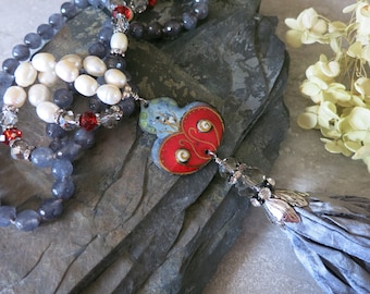 Blue and red Enamel on copper Necklace, Boho chic, Sari silk tassel,Faceted Brazilian Aquamarine,Rhinestones,Sterling,Hand knotted with care