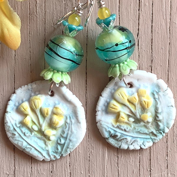 Yellow flowers earrings, Ceramic white charms by Annet Riabukhina, Lampwork beads,Luxe, Bohemian, Shabby chic, Gift, Sterling hooks, Earthy