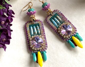 Purple Long earrings, Charms by Suhana Hart, Luxe, Bohemian, Shabby chic, Victorian, Gift, Gold filled, Bright, Sparkling, Lustrous, OOAK