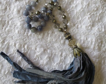 Gorgeous Blue Kyanite necklace, Sari silk tassel, Pyrite, Crystal rondells, Rhinestone bead, Rhinestone rondells.