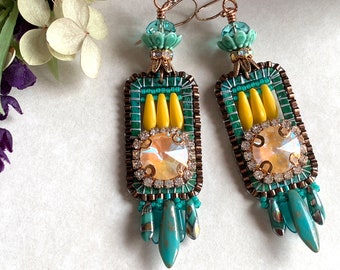 Long turquoise earrings, Charms by Suhana Hart, Luxe, Bohemian, Shabby chic, Victorian, Gift, Gold filled, Bright, Lustrous, Sparkling, OOAK