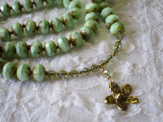 Bohemian Chic necklace, Handmade beaded, Romantic Artisan necklace, Minth Czech glass, Bronze flower pendant, Artisan charm, Vermeil