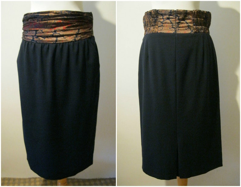 ESCADA by Margaretha Ley Vintage Skirt 80s Black Wool with Silk Paisley Waistband Size 38 UK 12
