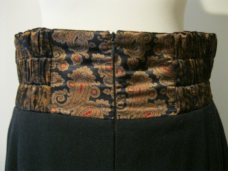 ESCADA by Margaretha Ley Vintage Skirt 80s Black Wool with Silk Paisley Waistband Size 38 UK 12