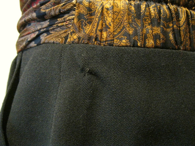 ESCADA by Margaretha Ley Vintage Skirt 80s Black Wool with Silk Paisley Waistband Size 38 UK 12