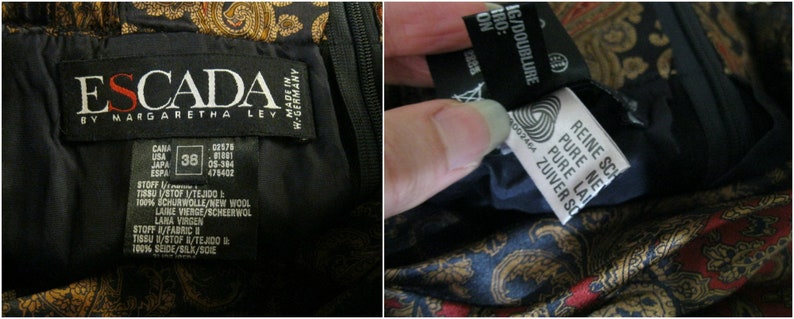 ESCADA by Margaretha Ley Vintage Skirt 80s Black Wool with Silk Paisley Waistband Size 38 UK 12