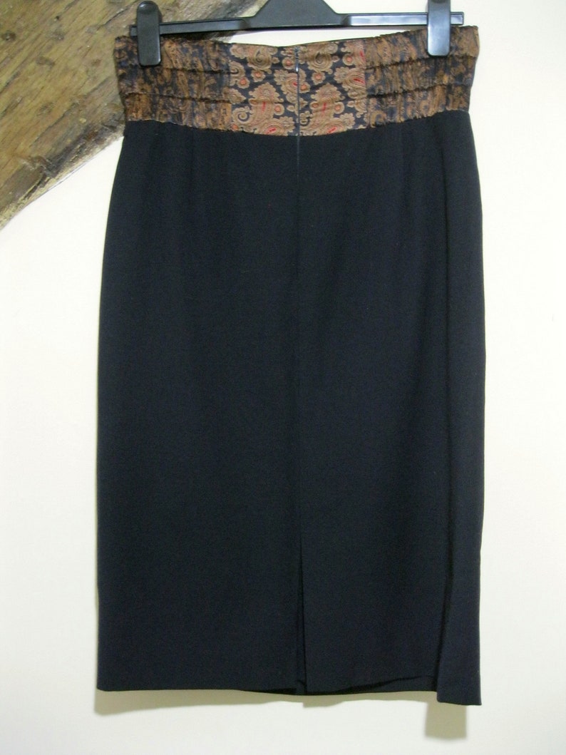 ESCADA by Margaretha Ley Vintage Skirt 80s Black Wool with Silk Paisley Waistband Size 38 UK 12