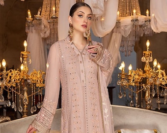 New Eid Partywear, Wedding Wear Dress Pink Salwar Kameez Pakistani Designer Dress Heavy Suit Set Readymade Suit for Eid- Medium